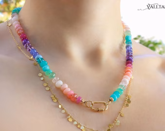 - Solid Gold 14K Silk Knotted Pastel Multi Gemstone Necklace