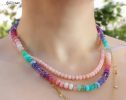 - Solid Gold 14K Silk Knotted Pastel Multi Gemstone Necklace