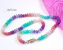 - Solid Gold 14K Silk Knotted Pastel Multi Gemstone Necklace