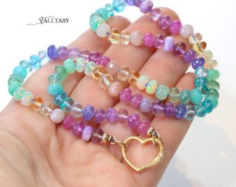- Solid Gold 14K Silk Knotted Pastel Multi Gemstone Necklace