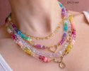 - Solid Gold 14K Silk Knotted Pastel Multi Gemstone Necklace