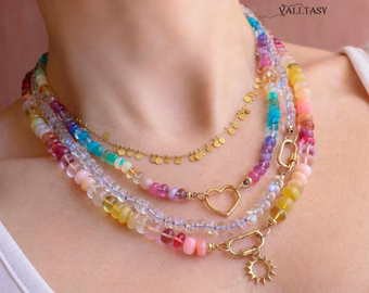 - Solid Gold 14K Silk Knotted Pastel Multi Gemstone Necklace