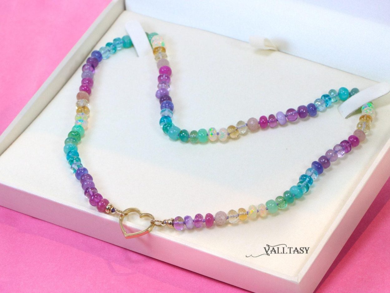 - Solid Gold 14K Silk Knotted Pastel Multi Gemstone Necklace