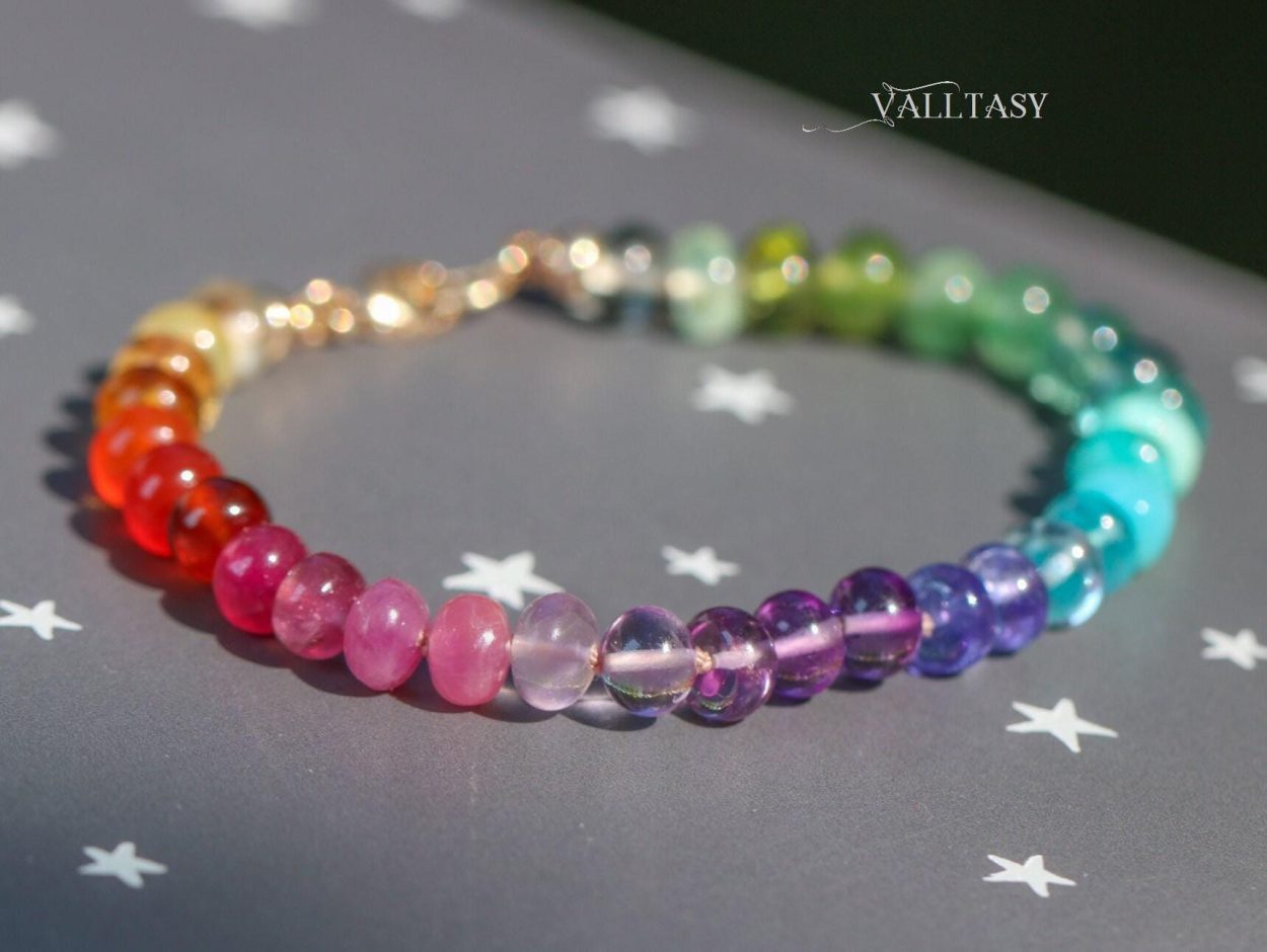 - Solid Gold 14K Silk Knotted Rainbow Bracelet, Genuine Multi Gemstone Colorful Bracelet