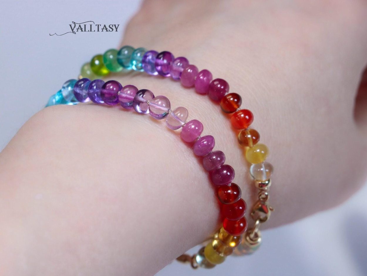 - Solid Gold 14K Silk Knotted Rainbow Bracelet, Genuine Multi Gemstone Colorful Bracelet