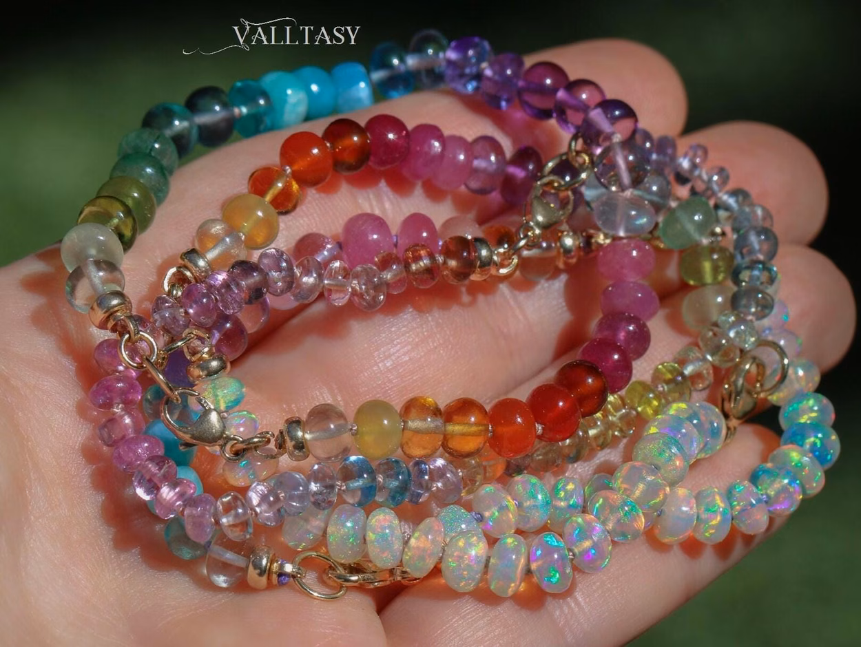 - Solid Gold 14K Silk Knotted Rainbow Bracelet, Genuine Multi Gemstone Colorful Bracelet