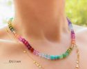 - Solid Gold 14K Silk Knotted Rainbow Multi Gemstone Necklace