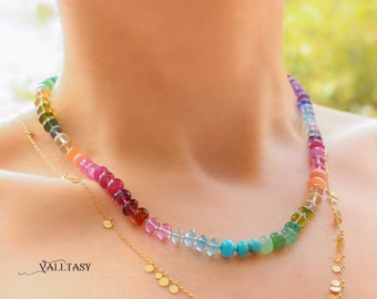 - Solid Gold 14K Silk Knotted Rainbow Multi Gemstone Necklace