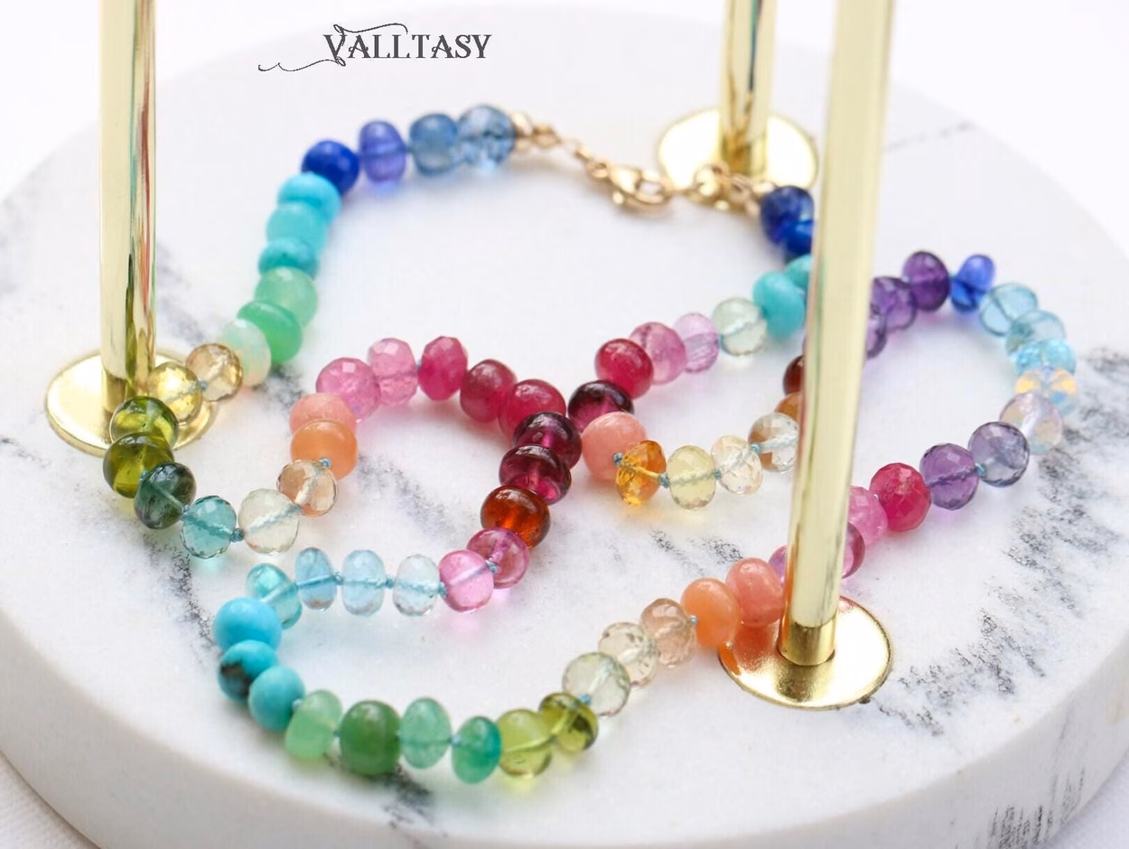 - Solid Gold 14K Silk Knotted Rainbow Multi Gemstone Necklace