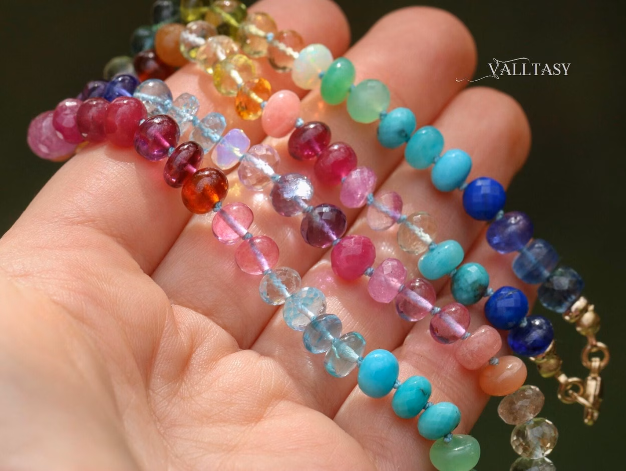 - Solid Gold 14K Silk Knotted Rainbow Multi Gemstone Necklace