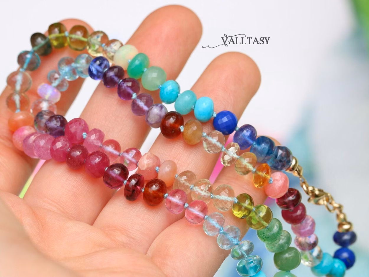 - Solid Gold 14K Silk Knotted Rainbow Multi Gemstone Necklace
