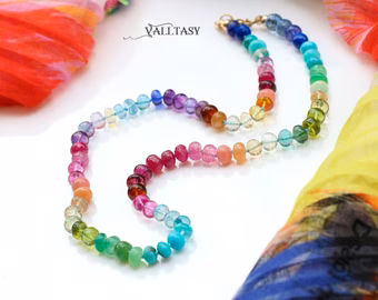 - Solid Gold 14K Silk Knotted Rainbow Multi Gemstone Necklace