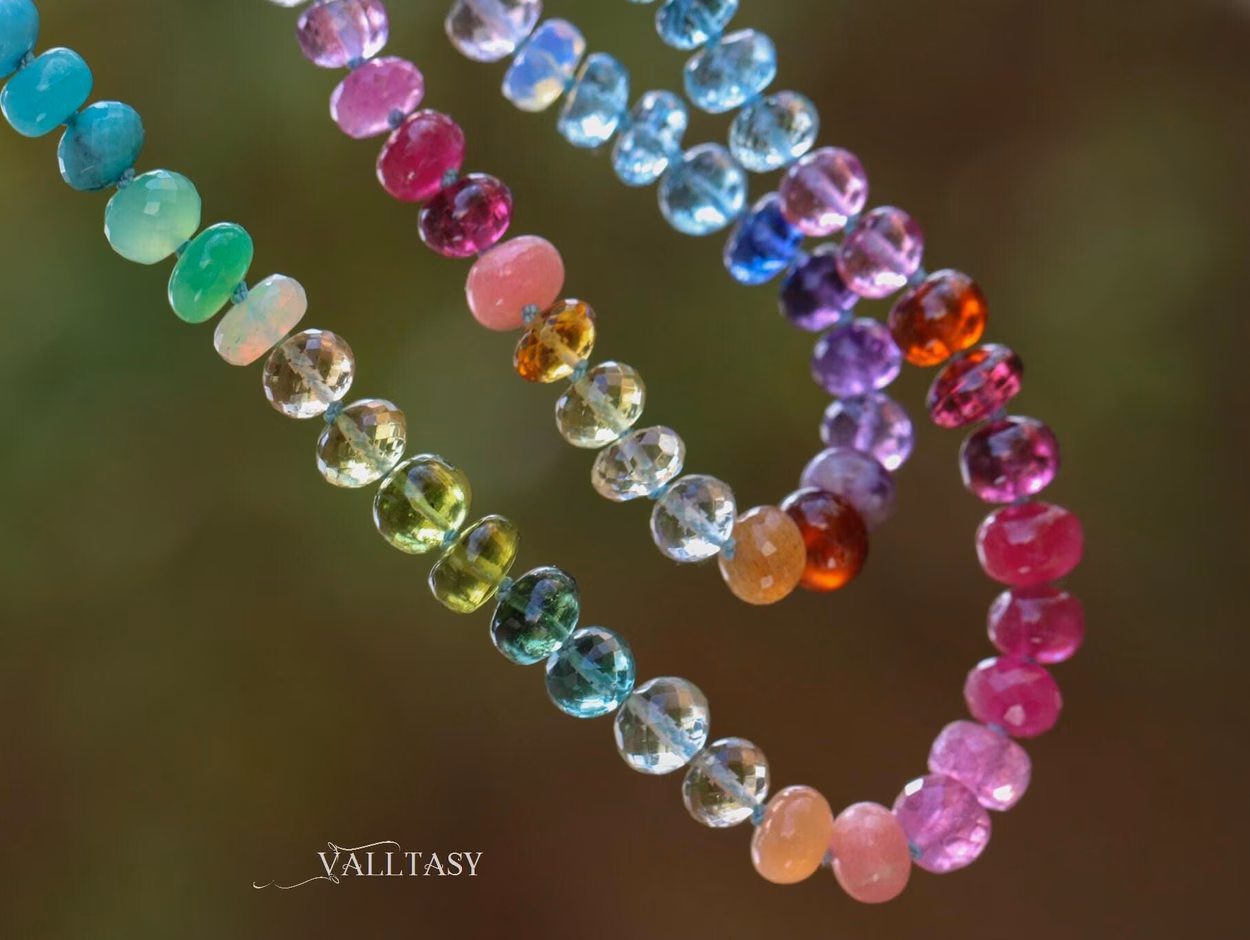 - Solid Gold 14K Silk Knotted Rainbow Multi Gemstone Necklace
