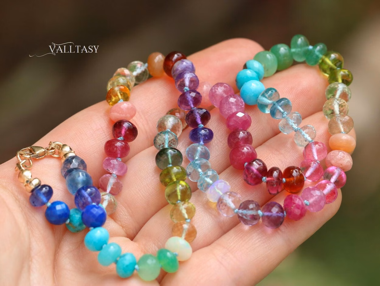 - Solid Gold 14K Silk Knotted Rainbow Multi Gemstone Necklace