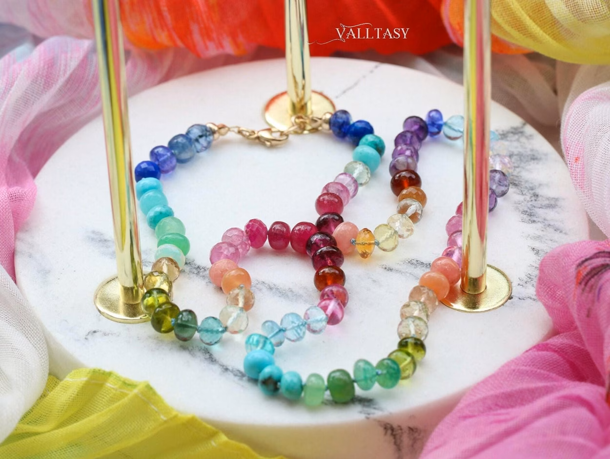 - Solid Gold 14K Silk Knotted Rainbow Multi Gemstone Necklace