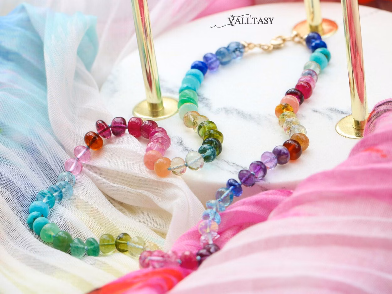 - Solid Gold 14K Silk Knotted Rainbow Multi Gemstone Necklace