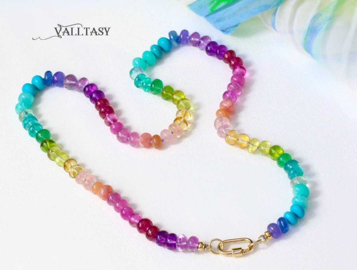 - Solid Gold 14K Silk Knotted Rainbow Multi Gemstone Necklace