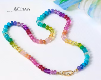 - Solid Gold 14K Silk Knotted Rainbow Multi Gemstone Necklace