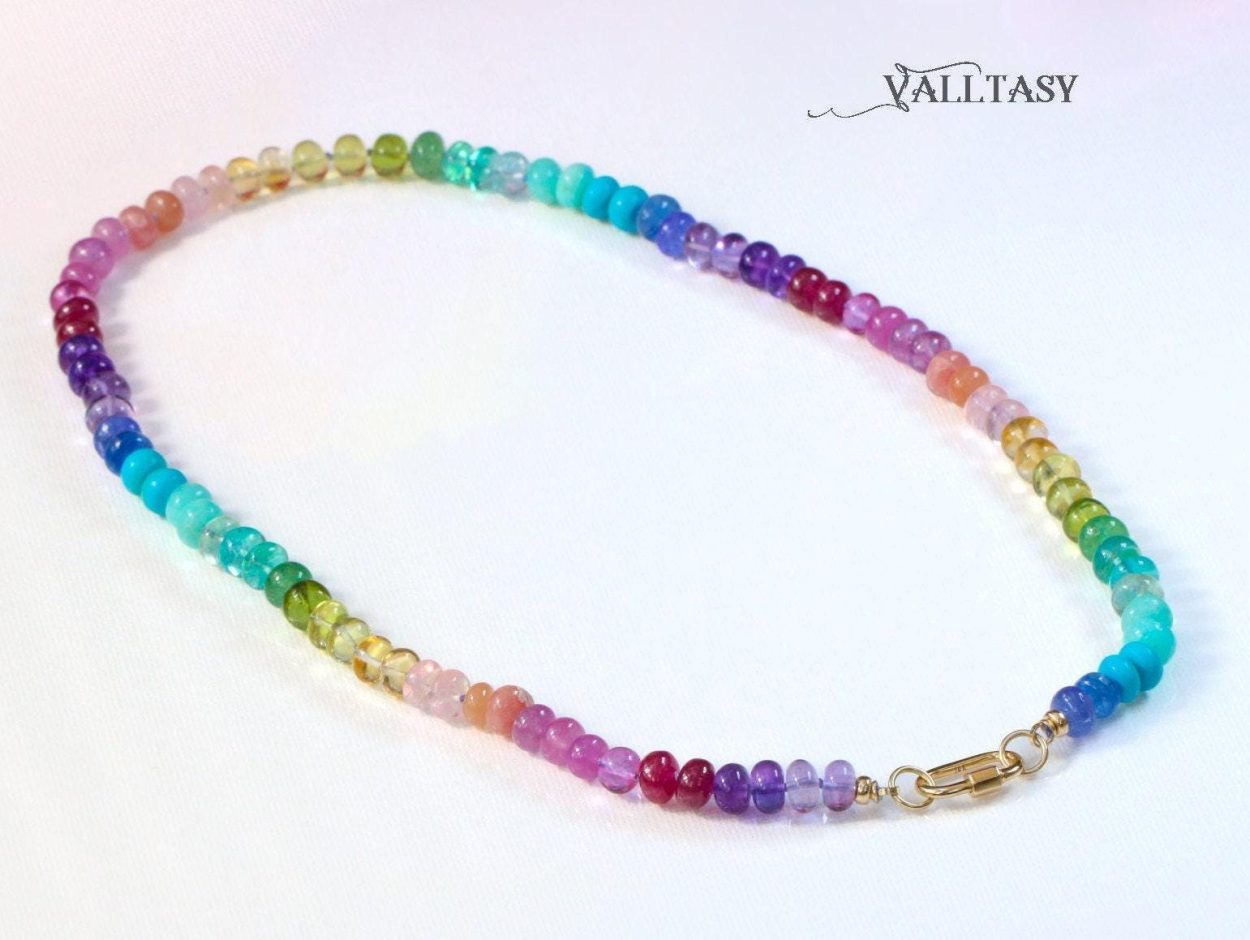 - Solid Gold 14K Silk Knotted Rainbow Multi Gemstone Necklace