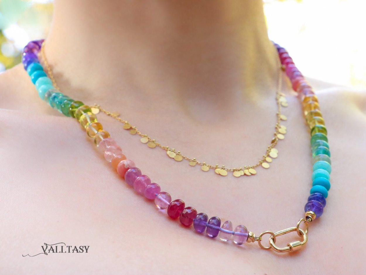 - Solid Gold 14K Silk Knotted Rainbow Multi Gemstone Necklace