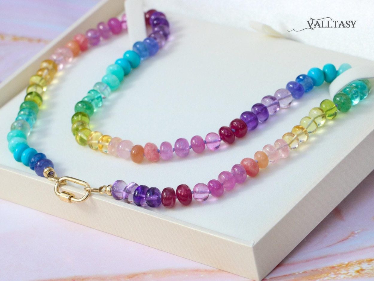 - Solid Gold 14K Silk Knotted Rainbow Multi Gemstone Necklace