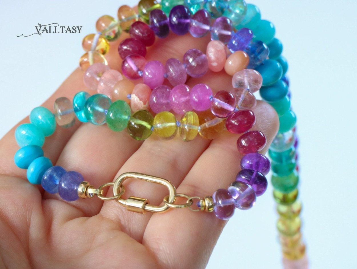 - Solid Gold 14K Silk Knotted Rainbow Multi Gemstone Necklace