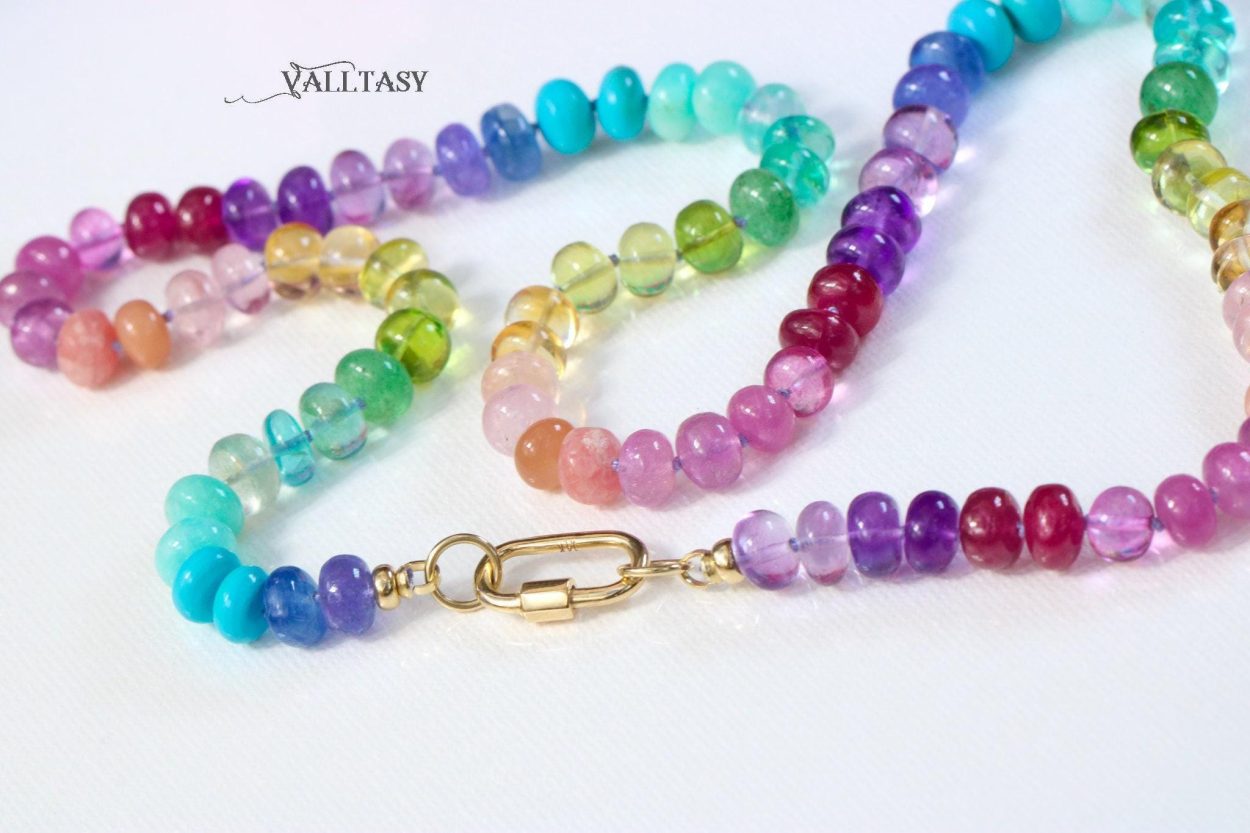 - Solid Gold 14K Silk Knotted Rainbow Multi Gemstone Necklace