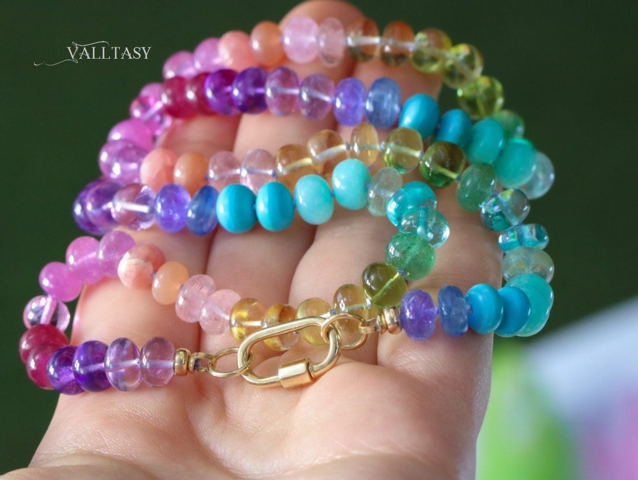 - Solid Gold 14K Silk Knotted Rainbow Multi Gemstone Necklace