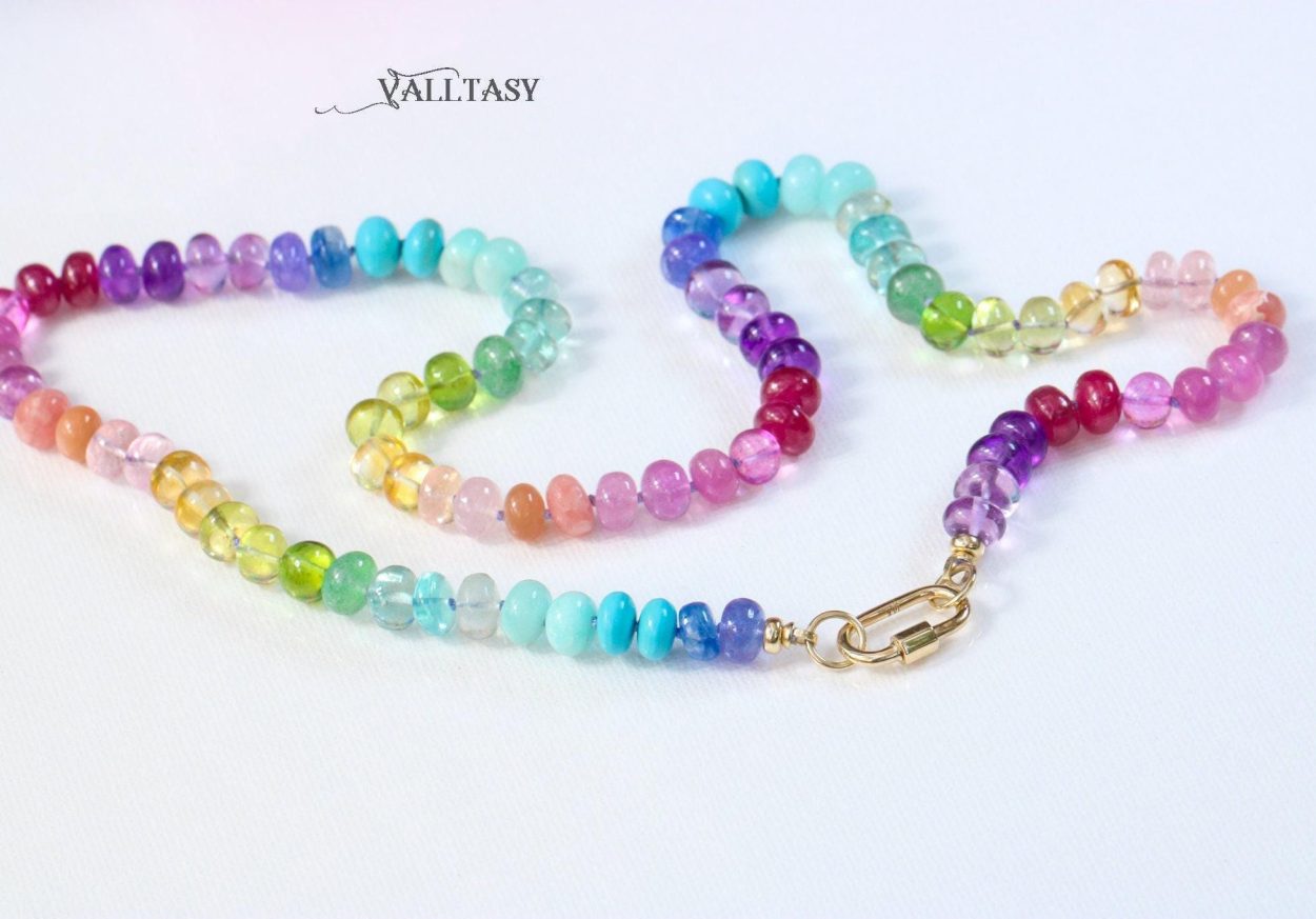 - Solid Gold 14K Silk Knotted Rainbow Multi Gemstone Necklace