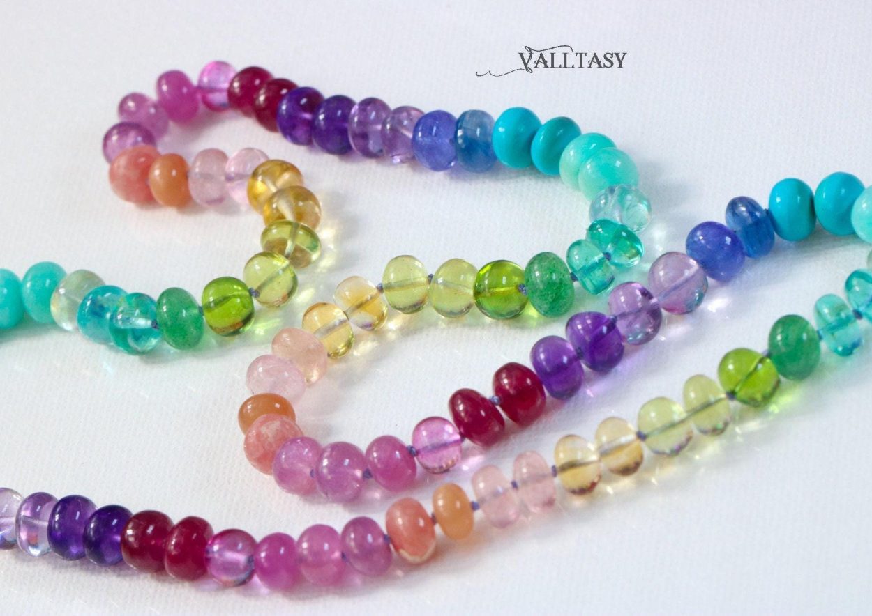 - Solid Gold 14K Silk Knotted Rainbow Multi Gemstone Necklace