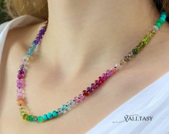- Solid Gold 14K Silk Knotted Rainbow Multi Gemstone Necklace
