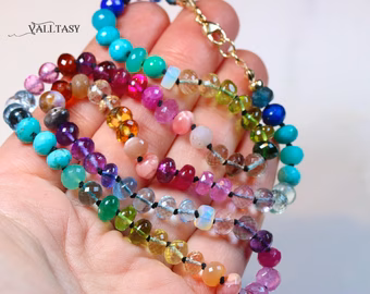 - Solid Gold 14K Silk Knotted Rainbow Multi Gemstone Necklace