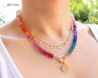 - Solid Gold 14K Silk Knotted Rainbow Multi Gemstone Necklace