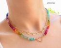 - Solid Gold 14K Silk Knotted Rainbow Multi Gemstone Necklace, Repeating Rainbow