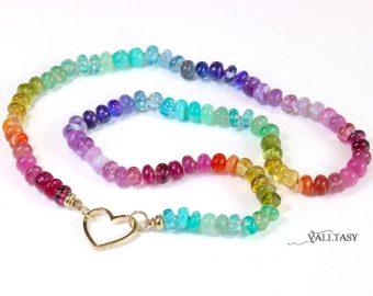 - Solid Gold 14K Silk Knotted Rainbow Multi Gemstone Necklace, Repeating Rainbow