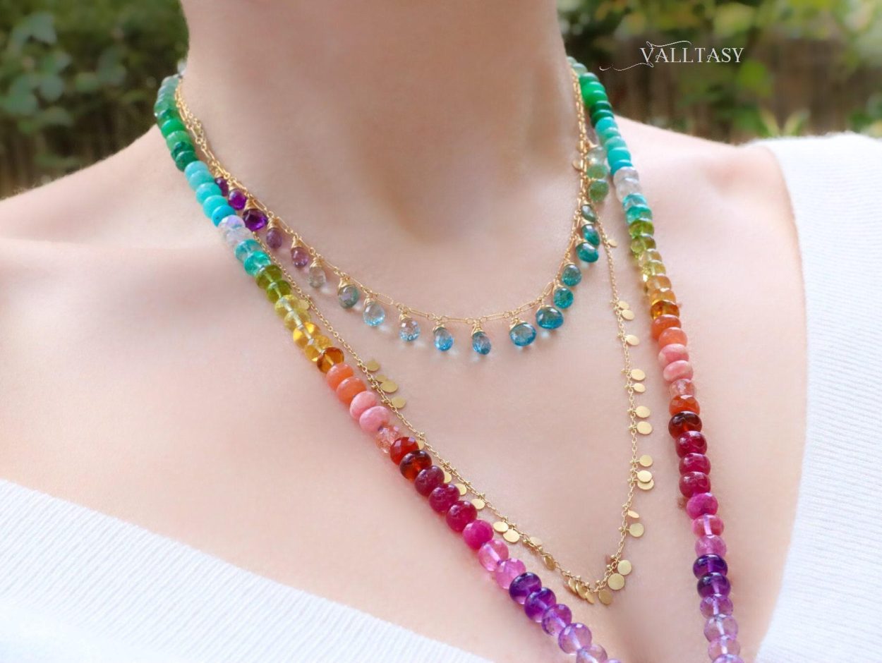 - Solid Gold 14K Silk Knotted Rainbow Multi Gemstone Necklace with Azurite Geode, One of a Kind