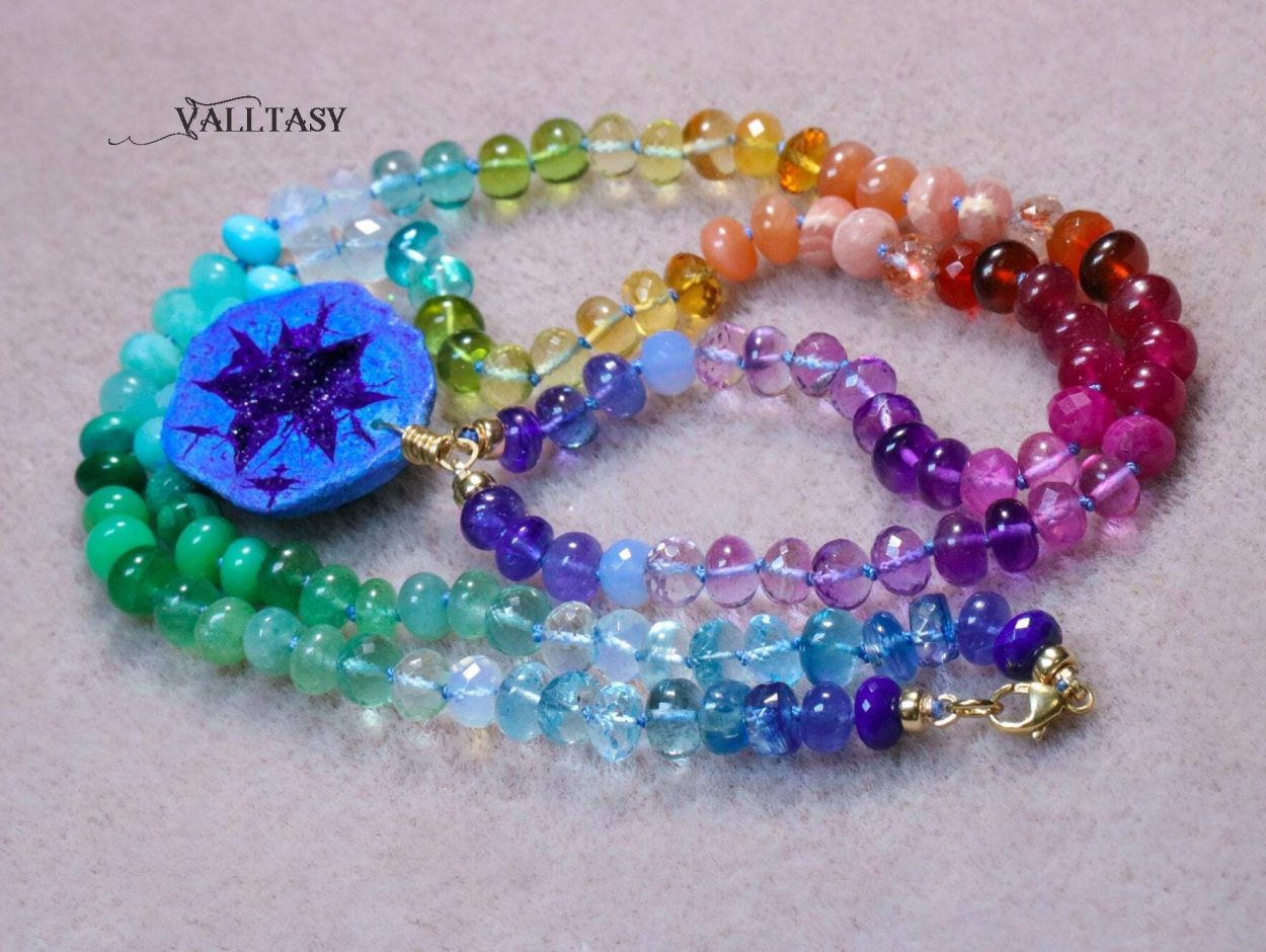 - Solid Gold 14K Silk Knotted Rainbow Multi Gemstone Necklace with Azurite Geode, One of a Kind
