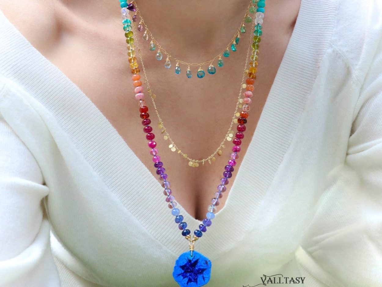 - Solid Gold 14K Silk Knotted Rainbow Multi Gemstone Necklace with Azurite Geode, One of a Kind