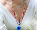 - Solid Gold 14K Silk Knotted Rainbow Multi Gemstone Necklace with Azurite Geode, One of a Kind