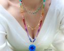 - Solid Gold 14K Silk Knotted Rainbow Multi Gemstone Necklace with Azurite Geode, One of a Kind