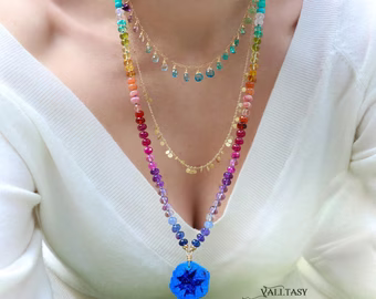 - Solid Gold 14K Silk Knotted Rainbow Multi Gemstone Necklace with Azurite Geode, One of a Kind