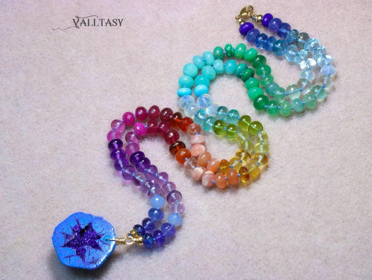 - Solid Gold 14K Silk Knotted Rainbow Multi Gemstone Necklace with Azurite Geode, One of a Kind