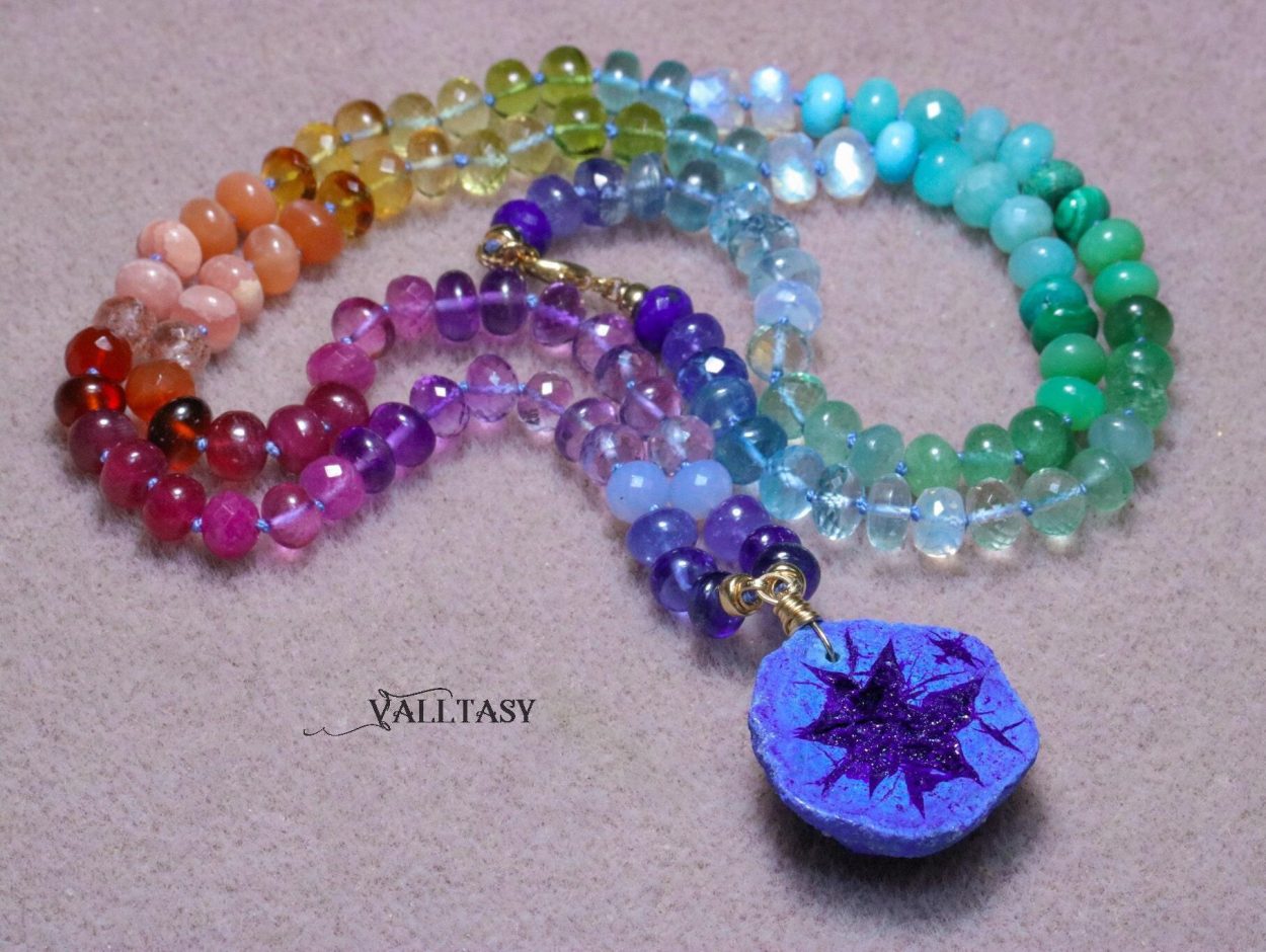 - Solid Gold 14K Silk Knotted Rainbow Multi Gemstone Necklace with Azurite Geode, One of a Kind