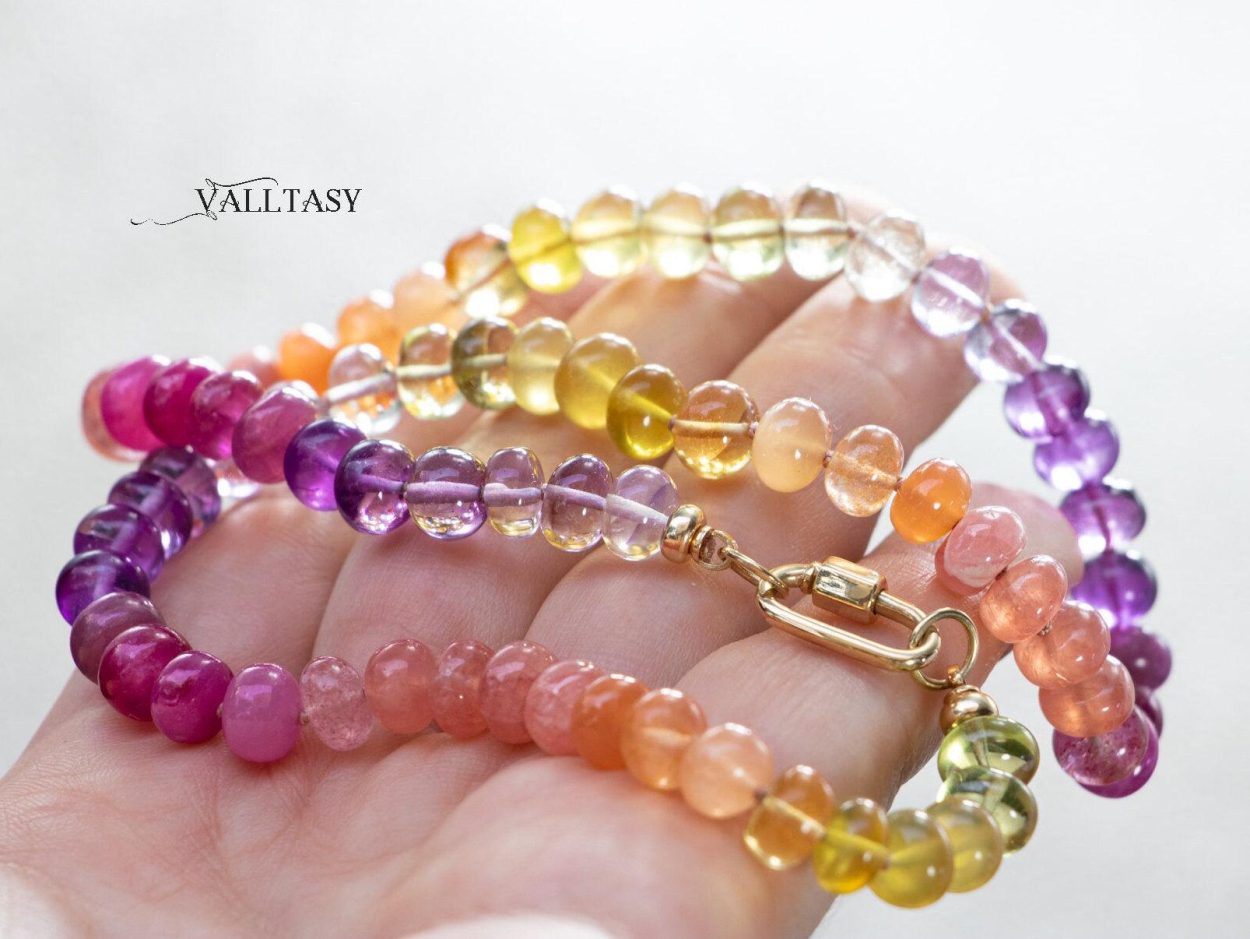 - Solid Gold 14K Silk Knotted Sunset Inspired Multi Gemstone Necklace