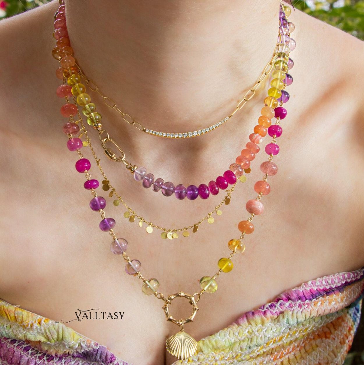 - Solid Gold 14K Silk Knotted Sunset Inspired Multi Gemstone Necklace