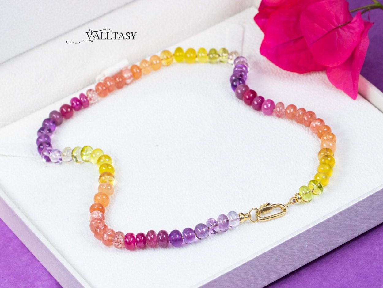 - Solid Gold 14K Silk Knotted Sunset Inspired Multi Gemstone Necklace