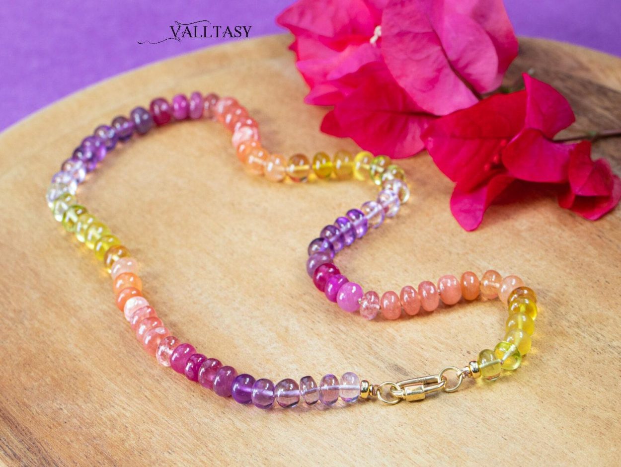 - Solid Gold 14K Silk Knotted Sunset Inspired Multi Gemstone Necklace