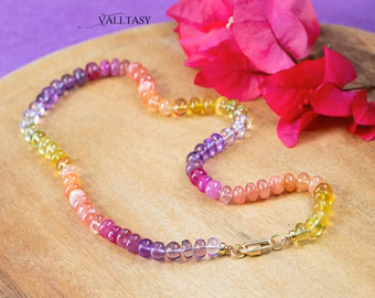 - Solid Gold 14K Silk Knotted Sunset Inspired Multi Gemstone Necklace