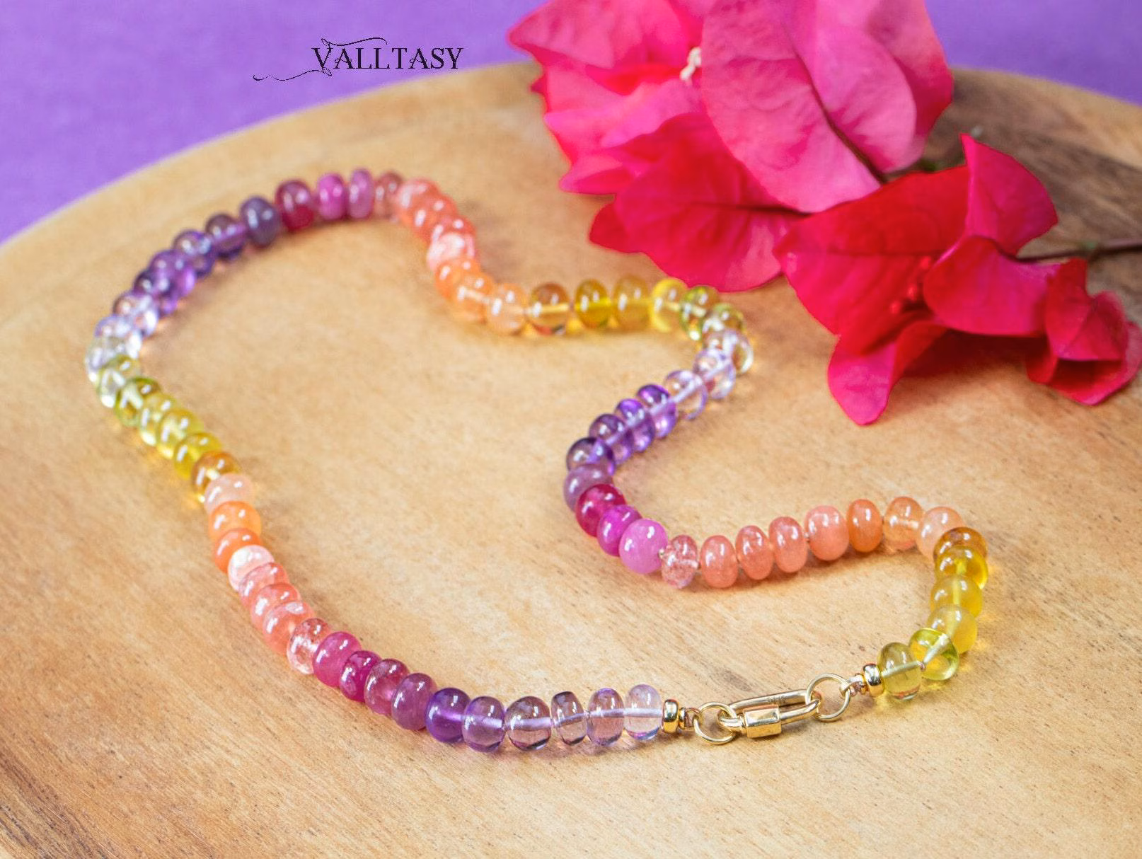 Solid Gold 14K Silk Knotted Sunset Inspired Multi Gemstone Necklace