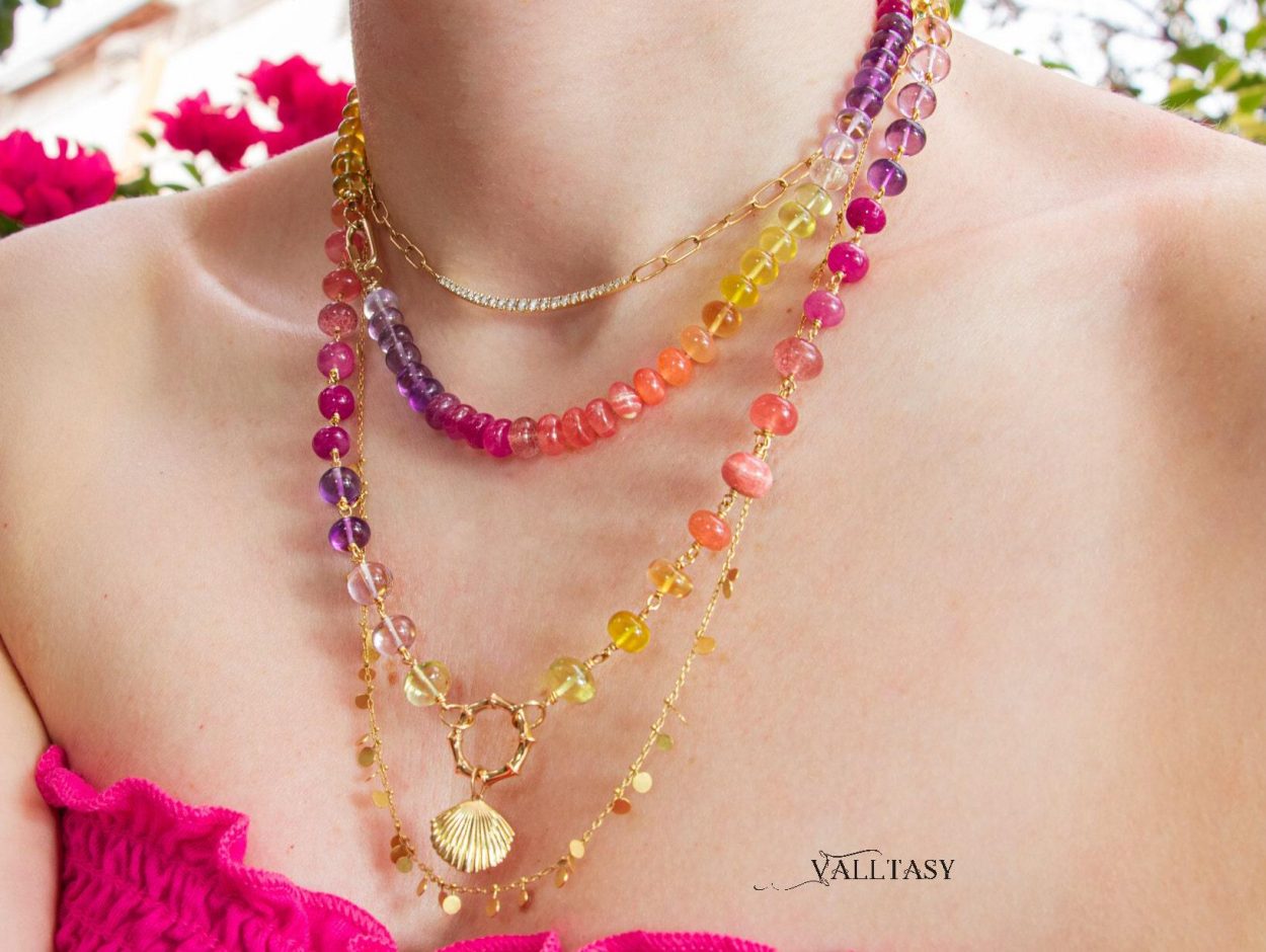 - Solid Gold 14K Silk Knotted Sunset Inspired Multi Gemstone Necklace